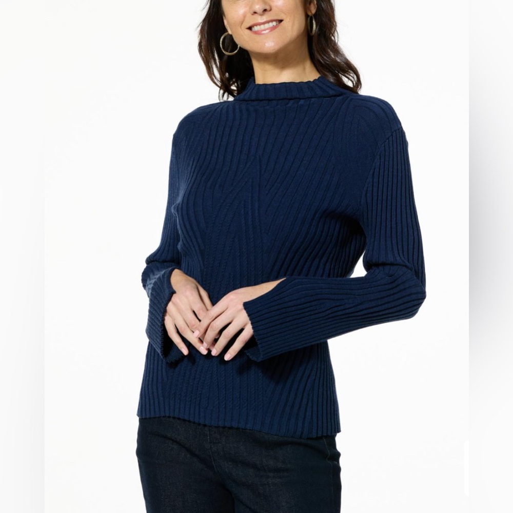 DG2 by Diane Gilman Women's Ribbed Softease Knit Mock-Neck Sweater Navy